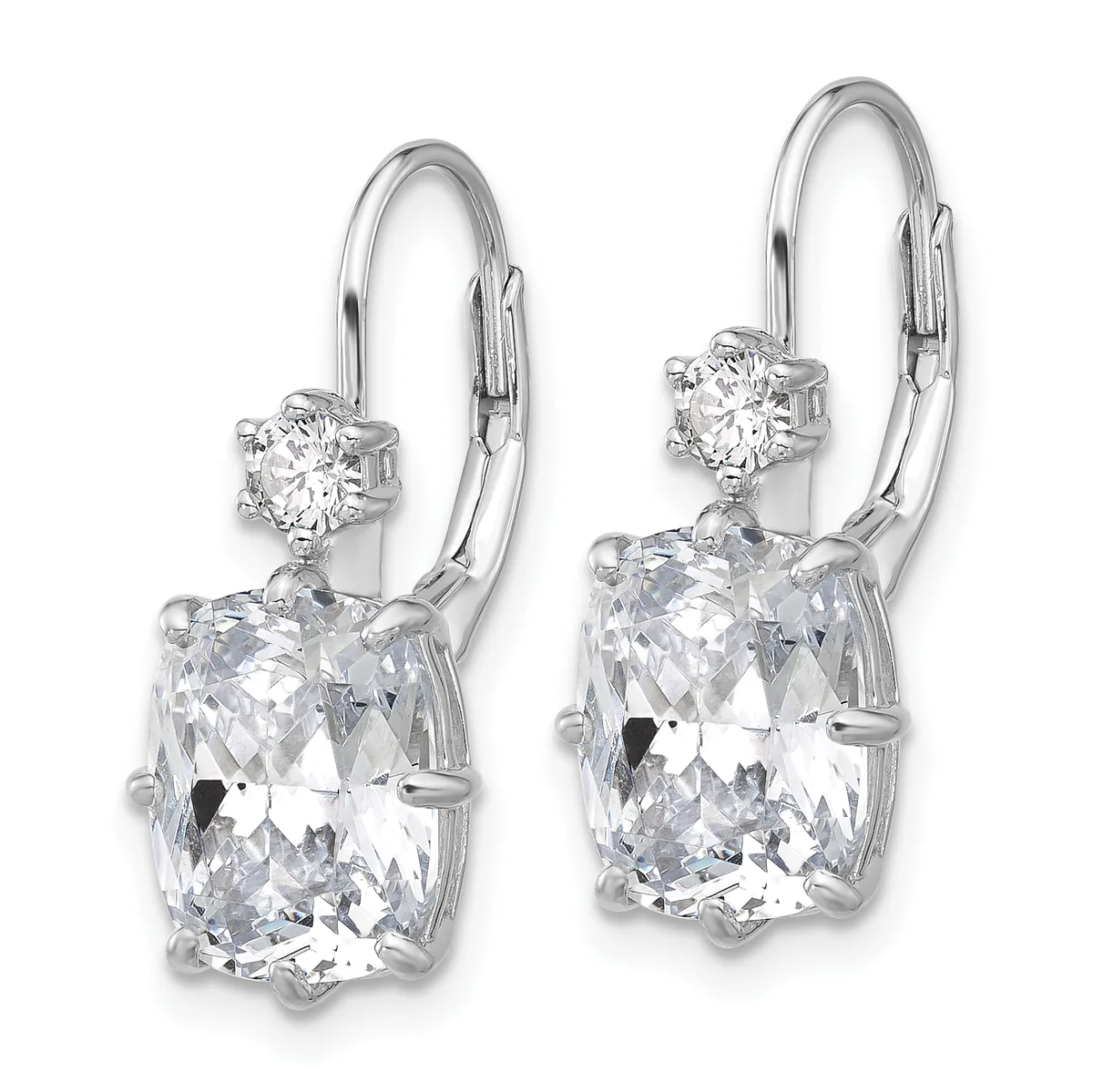 A pair of silver leverback earrings featuring large cushion-cut clear gemstones with smaller round stones set above them.