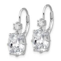 A pair of silver leverback earrings featuring large cushion-cut clear gemstones with smaller round stones set above them.