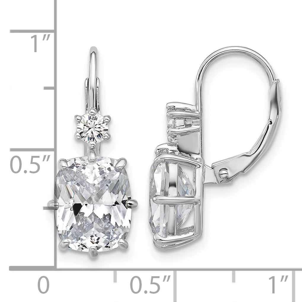 Pair of silver leverback earrings with cushion-cut clear gemstones and smaller round stones on top, shown front and back against a measurement scale.