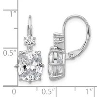 Pair of silver leverback earrings with cushion-cut clear gemstones and smaller round stones on top, shown front and back against a measurement scale.