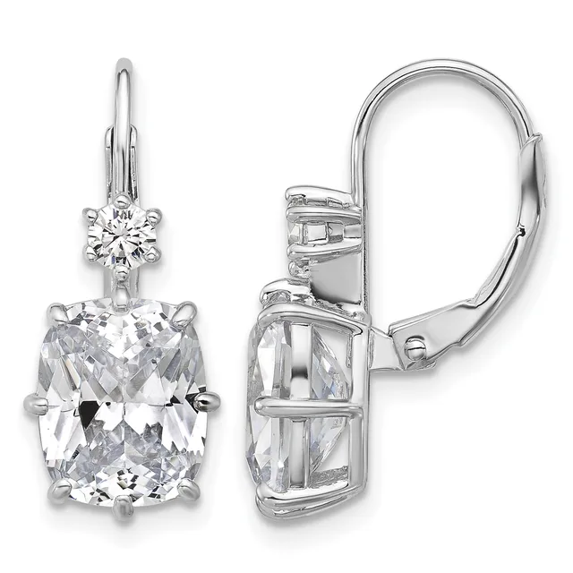 Pair of silver lever-back earrings each featuring a cushion-cut cubic zirconia stone topped with a smaller round stone, shown from front and back views.