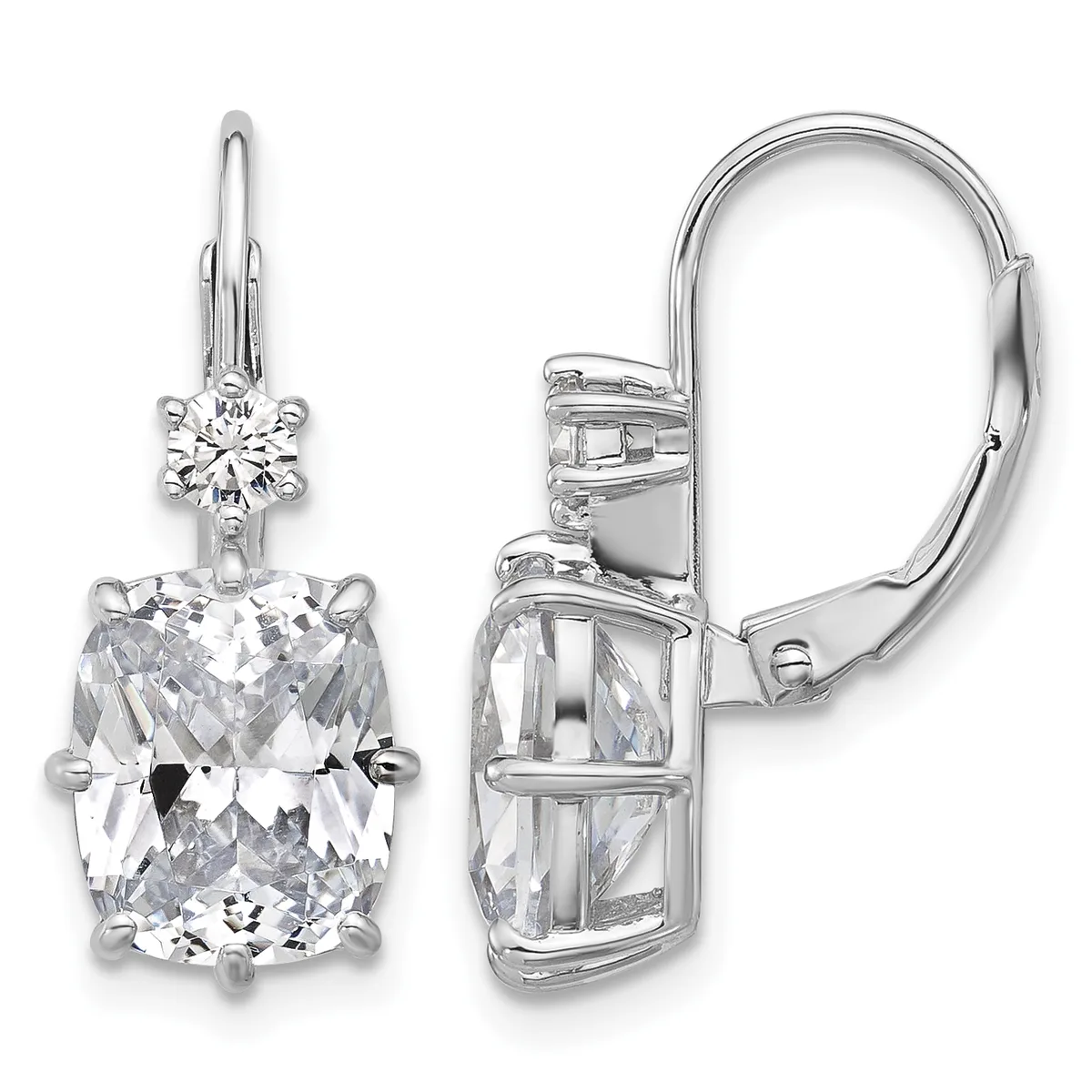 Pair of silver lever-back earrings each featuring a cushion-cut cubic zirconia stone topped with a smaller round stone, shown from front and back views.
