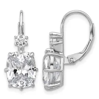 Pair of silver lever-back earrings each featuring a cushion-cut cubic zirconia stone topped with a smaller round stone, shown from front and back views.