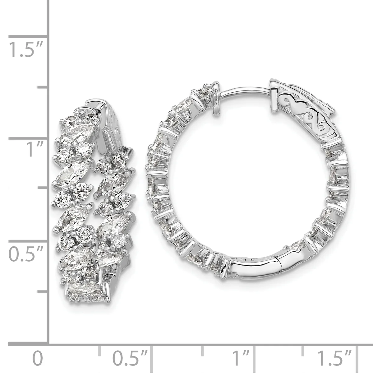 A pair of silver hoop earrings with clustered round and marquise-cut cubic zirconia stones, shown against a measurement scale indicating approximately one inch in height.