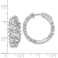 A pair of silver hoop earrings with clustered round and marquise-cut cubic zirconia stones, shown against a measurement scale indicating approximately one inch in height.