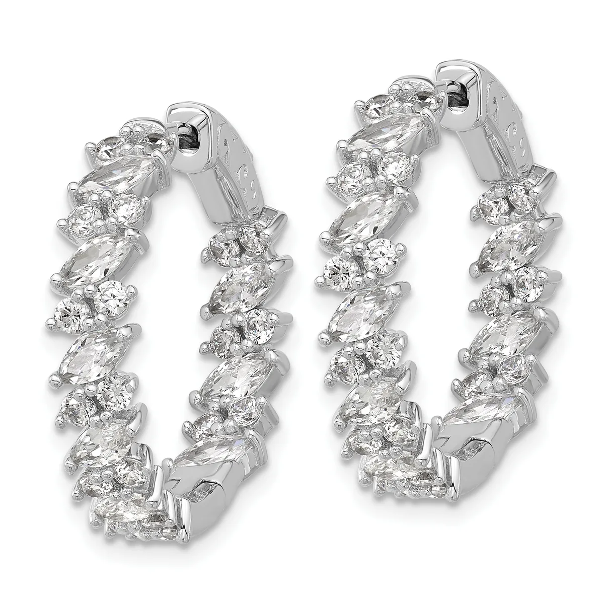 Pair of white metal hoop earrings with alternating oval and round diamonds set in a clustered pattern, shown from two angles.