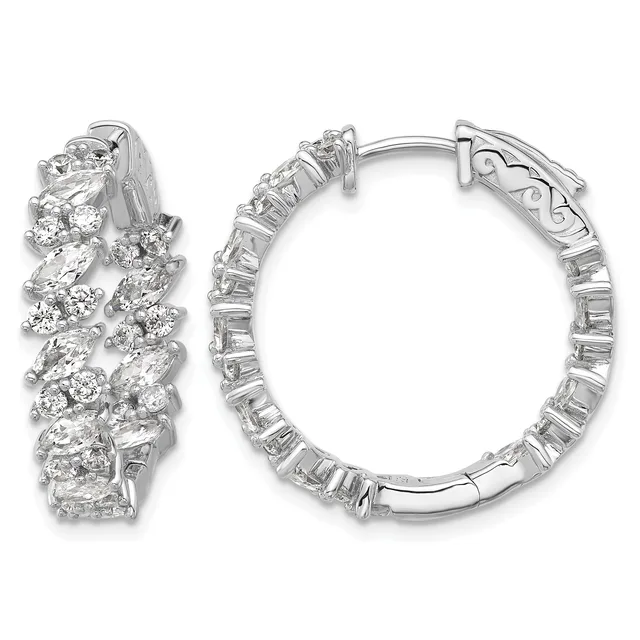 Pair of silver hoop earrings with clustered round and oval cubic zirconia stones covering the outer surface, shown from front and back views.