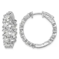 Pair of silver hoop earrings with clustered round and oval cubic zirconia stones covering the outer surface, shown from front and back views.
