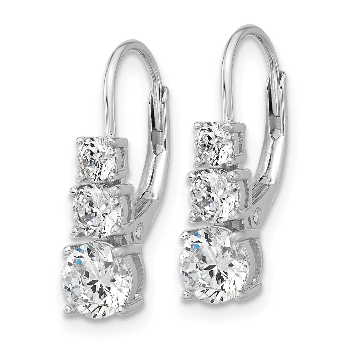 A pair of silver drop earrings with lever backs, each featuring three graduated round cubic zirconia stones stacked vertically.