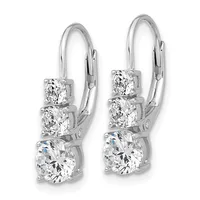 A pair of silver drop earrings with lever backs, each featuring three graduated round cubic zirconia stones stacked vertically.