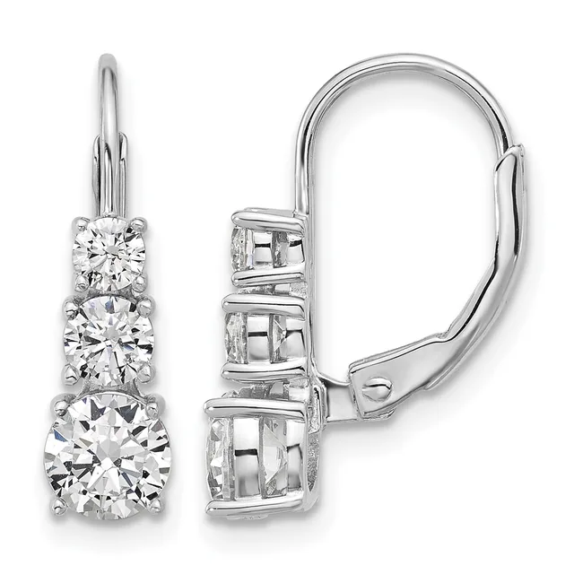 A pair of white gold leverback earrings, each featuring three graduated round diamonds in a vertical arrangement, shown from front and side views.