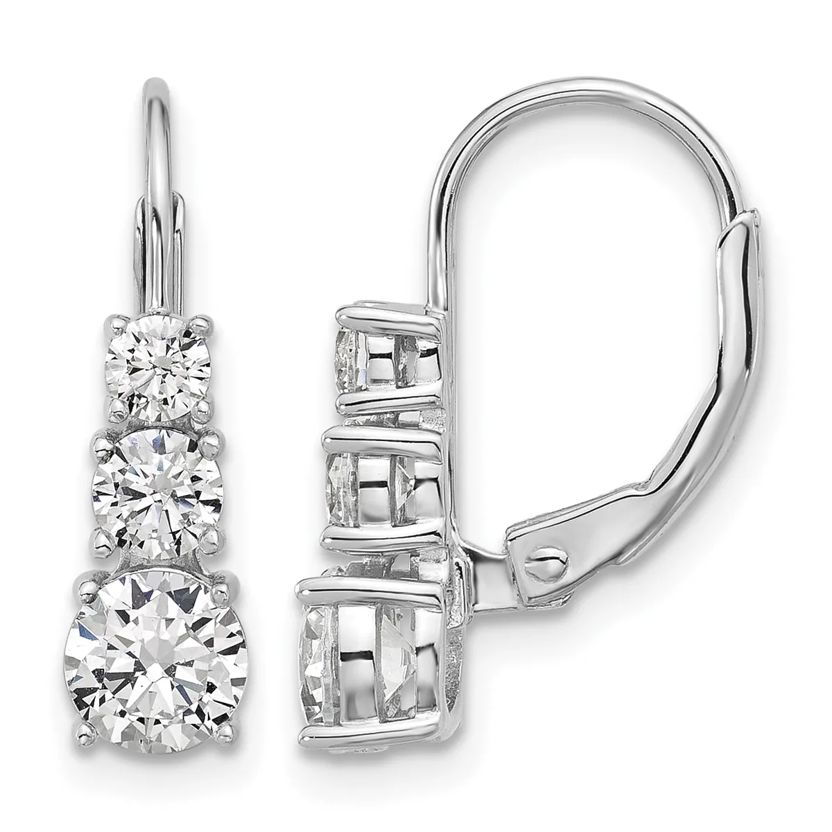 A pair of white gold leverback earrings, each featuring three graduated round diamonds in a vertical arrangement, shown from front and side views.