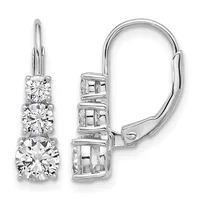 A pair of white gold leverback earrings, each featuring three graduated round diamonds in a vertical arrangement, shown from front and side views.