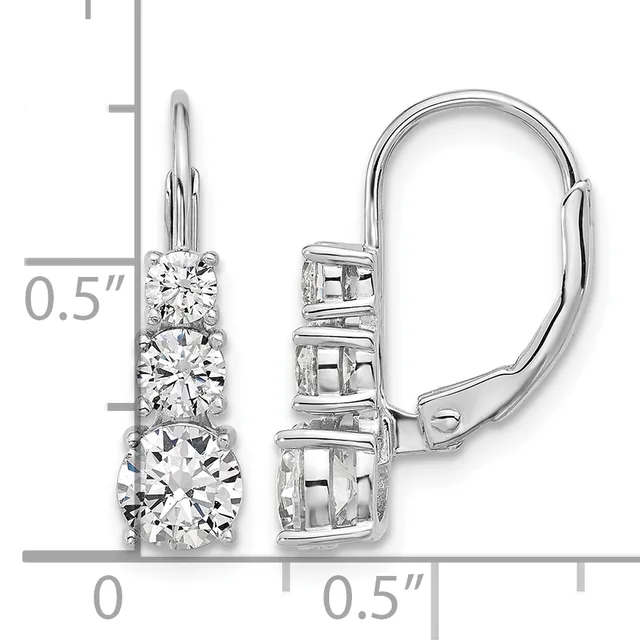 Pair of silver leverback earrings each featuring three graduated round diamonds in stacked settings, shown with a measurement scale indicating approximately 0.5 inches in height.