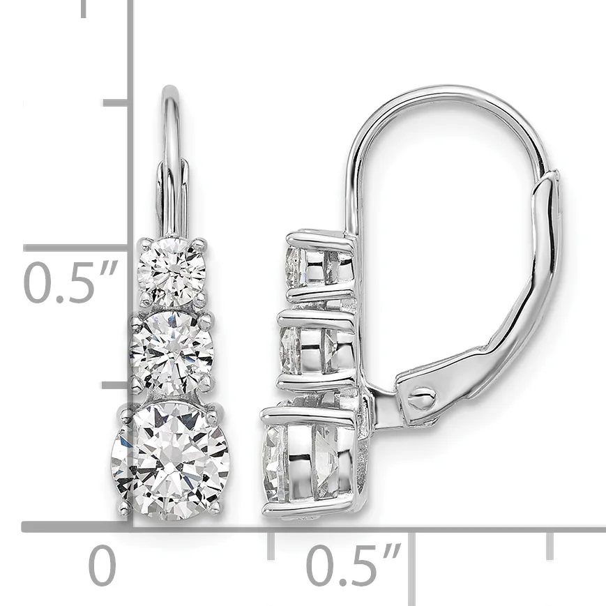 Pair of silver leverback earrings each featuring three graduated round diamonds in stacked settings, shown with a measurement scale indicating approximately 0.5 inches in height.