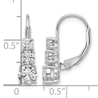 Pair of silver leverback earrings each featuring three graduated round diamonds in stacked settings, shown with a measurement scale indicating approximately 0.5 inches in height.