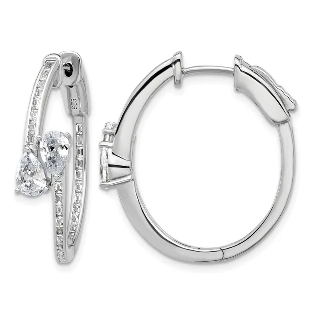 Pair of silver hoop earrings with oval-cut diamond drops and channel-set diamond accents along the inner and outer edges, shown from front and side views.
