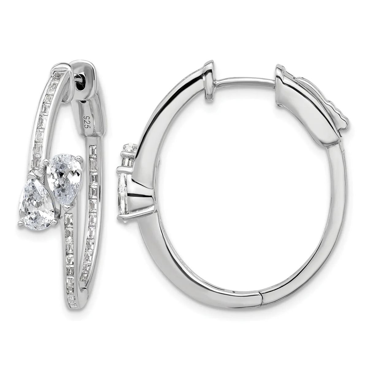 Pair of silver hoop earrings with oval-cut diamond drops and channel-set diamond accents along the inner and outer edges, shown from front and side views.