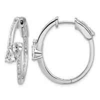 Pair of silver hoop earrings with oval-cut diamond drops and channel-set diamond accents along the inner and outer edges, shown from front and side views.