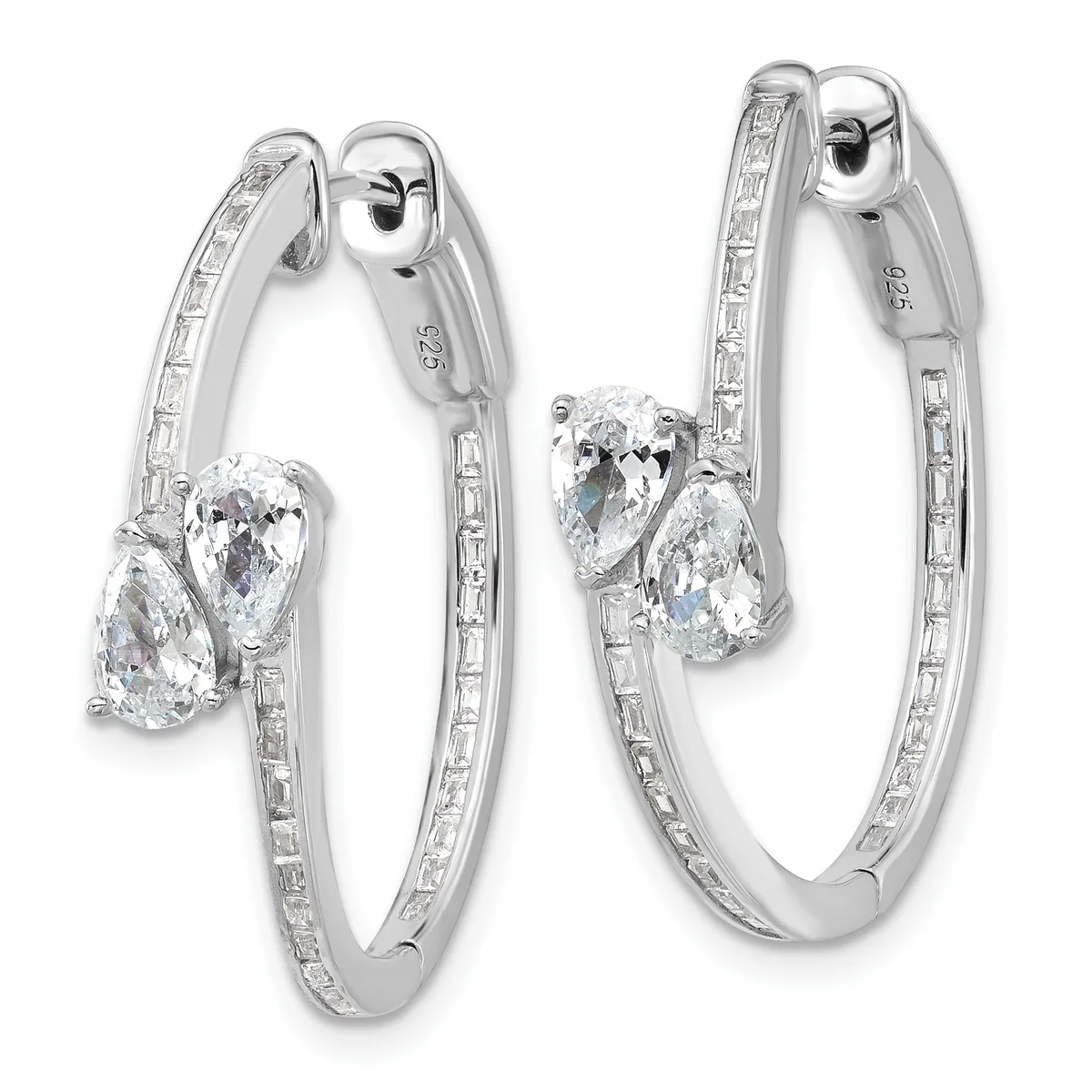 Pair of silver hoop earrings with channel-set baguette diamonds along the outer edges and pear-shaped diamond drops, shown from front and side angles.