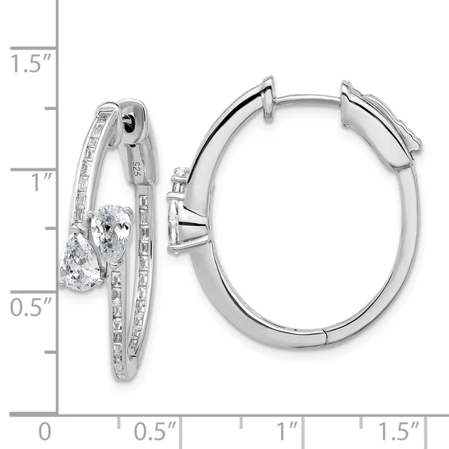 Pair of silver hoop earrings with pear-shaped cubic zirconia stones and channel-set round stones along the outer edge, shown against a measurement scale.