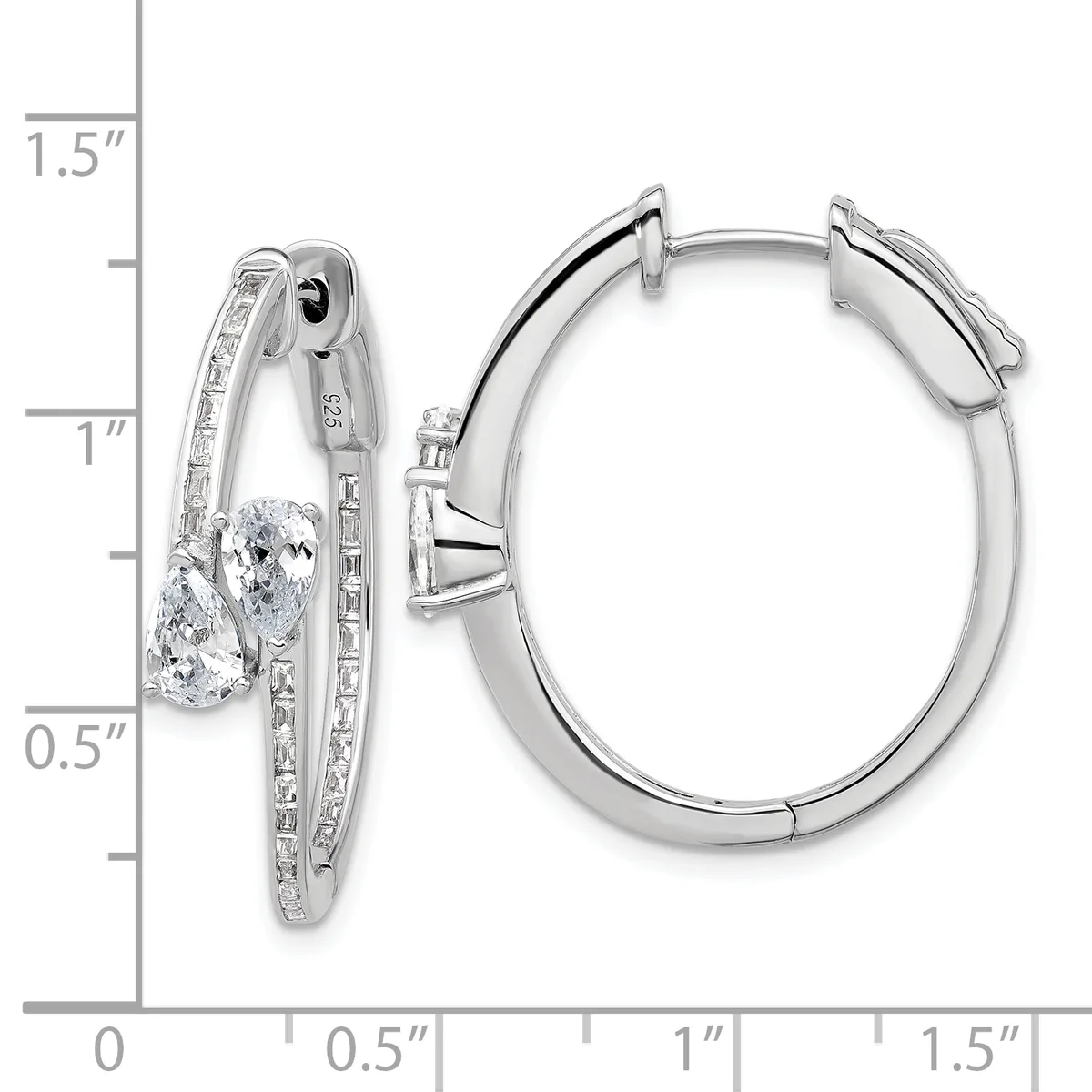 Pair of silver hoop earrings with pear-shaped cubic zirconia stones and channel-set round stones along the outer edge, shown against a measurement scale.