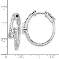 Pair of silver hoop earrings with pear-shaped cubic zirconia stones and channel-set round stones along the outer edge, shown against a measurement scale.