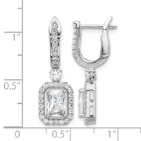 Silver-toned dangle earrings with rectangular faceted crystals surrounded by smaller round crystals, shown next to a measurement scale indicating approximately one inch in length.