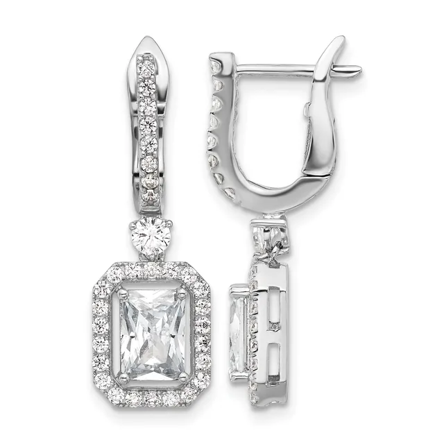 Pair of silver drop earrings with rectangular-cut clear stones surrounded by pavé diamond halos, suspended from curved posts with small round diamonds along the upper bail.