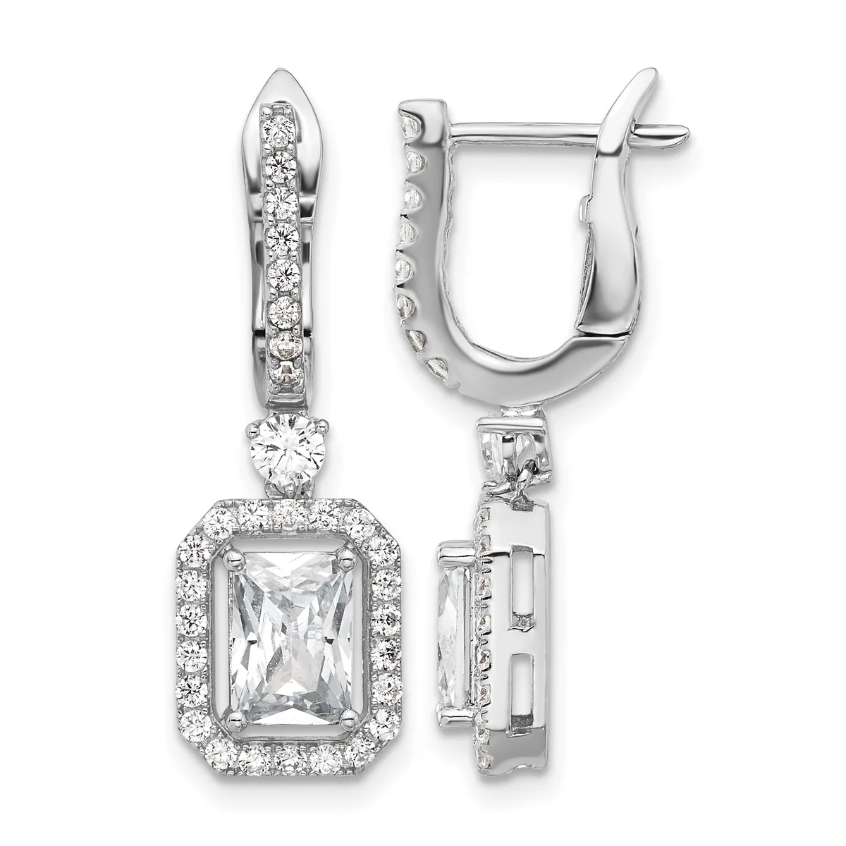 Pair of silver drop earrings with rectangular-cut clear stones surrounded by pavé diamond halos, suspended from curved posts with small round diamonds along the upper bail.