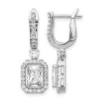 Pair of silver drop earrings with rectangular-cut clear stones surrounded by pavé diamond halos, suspended from curved posts with small round diamonds along the upper bail.