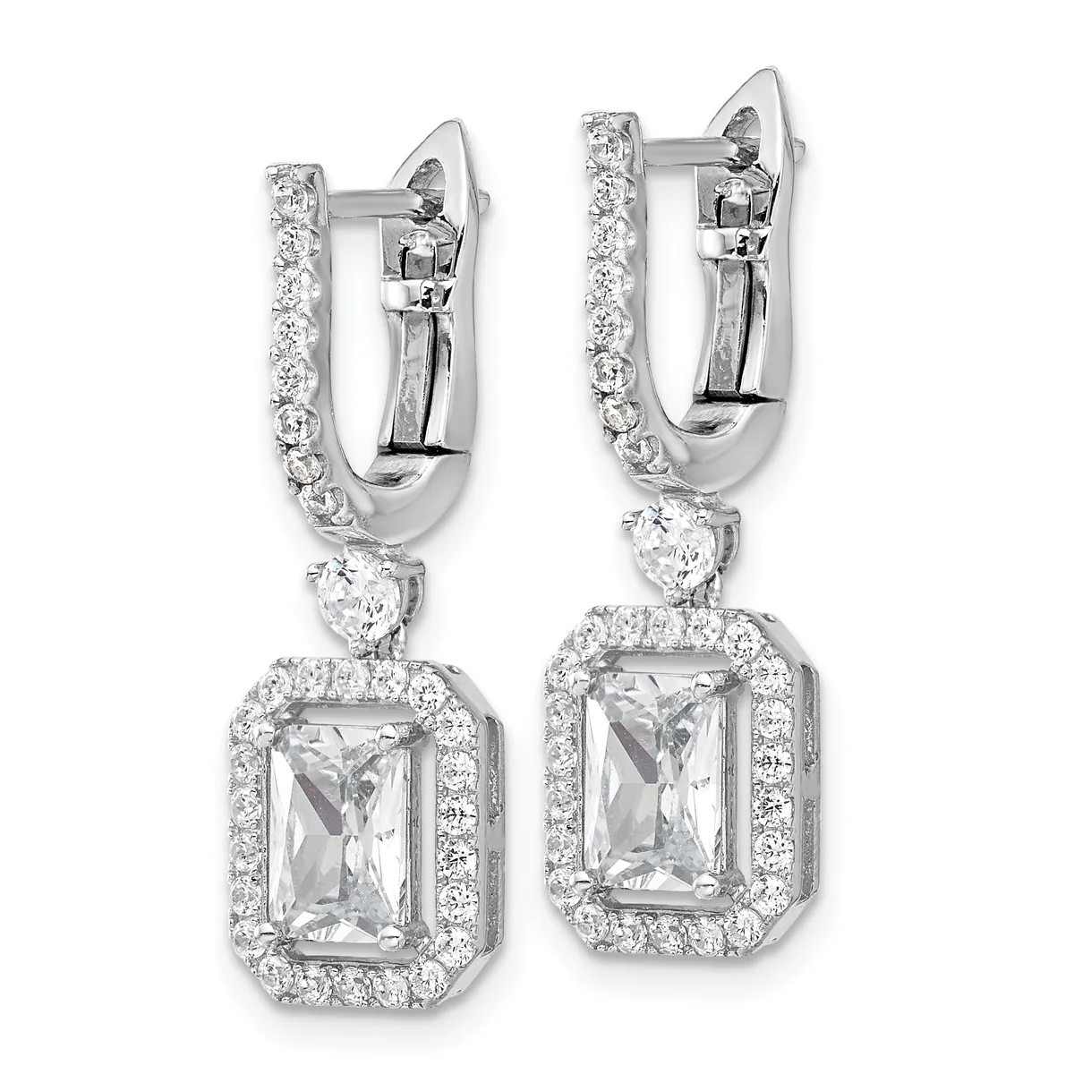 Pair of silver drop earrings with rectangular diamond-shaped stones surrounded by smaller diamonds, connected to curved diamond-studded posts with lever backs.