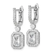 Pair of silver drop earrings with rectangular diamond-shaped stones surrounded by smaller diamonds, connected to curved diamond-studded posts with lever backs.