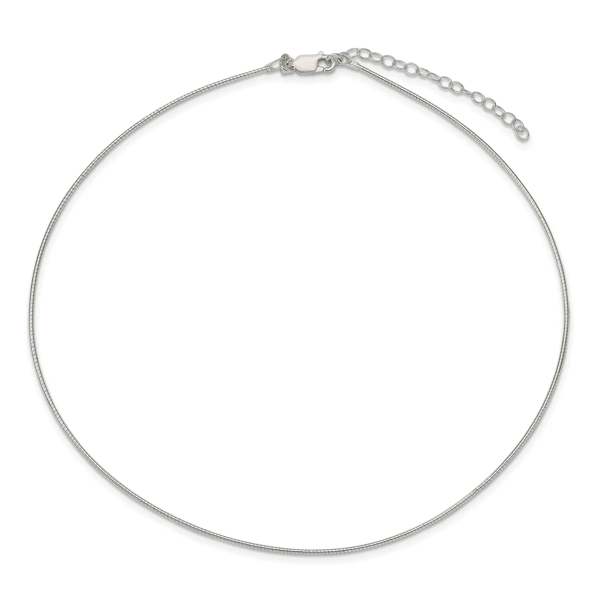 A silver-toned snake chain necklace with a lobster clasp and extender chain, displayed on a white background.