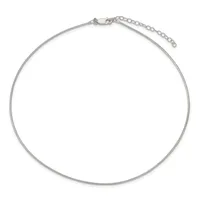 A silver-toned snake chain necklace with a lobster clasp and extender chain, displayed on a white background.