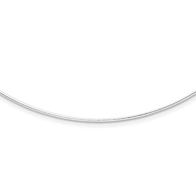 A curved silver-toned wire necklace or collar displayed against a white background.