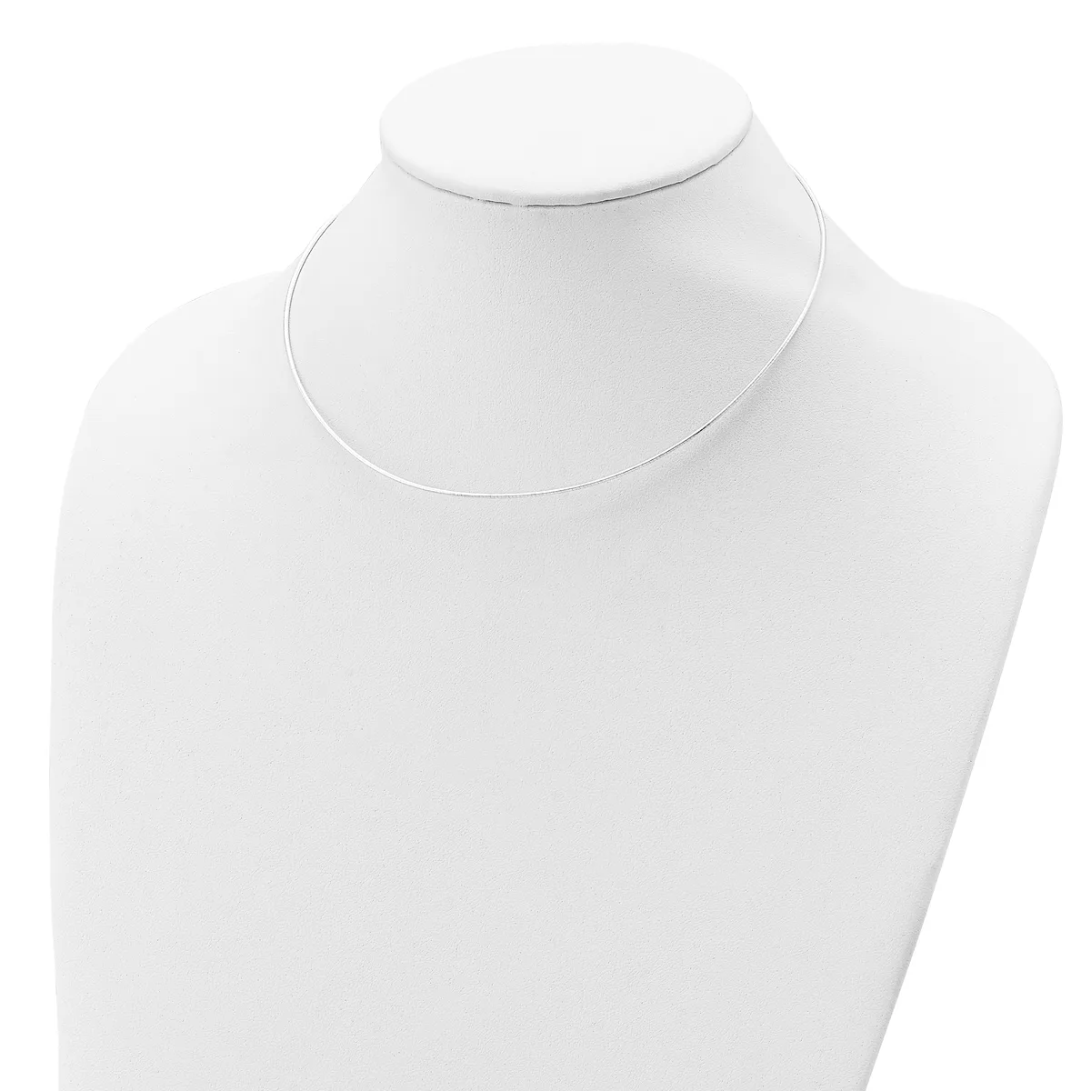 A thin silver-colored choker necklace displayed on a white mannequin bust against a white background.