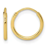 A pair of polished gold hoop earrings displayed from the front and side, showing their smooth rounded tubing and hinged closures.