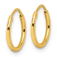 A pair of polished gold hoop earrings with a smooth, rounded tubular design and hinged closures, displayed against a white background.
