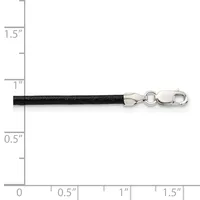 Black leather cord with silver-toned metal clasp and connector rings, displayed against a ruler showing approximately one inch in length.