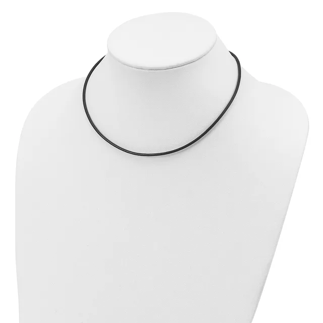 A thin black cord choker necklace displayed on a white mannequin bust.
