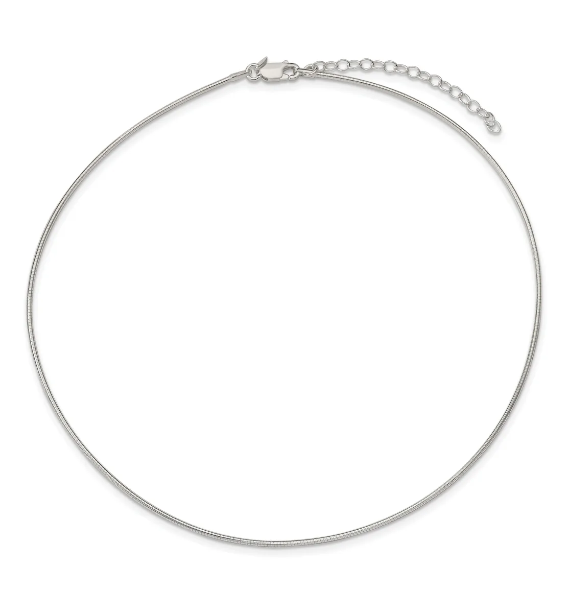 Silver-toned snake chain necklace with a lobster clasp and adjustable chain extension displayed as a closed loop.