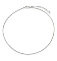 Silver-toned snake chain necklace with a lobster clasp and adjustable chain extension displayed as a closed loop.