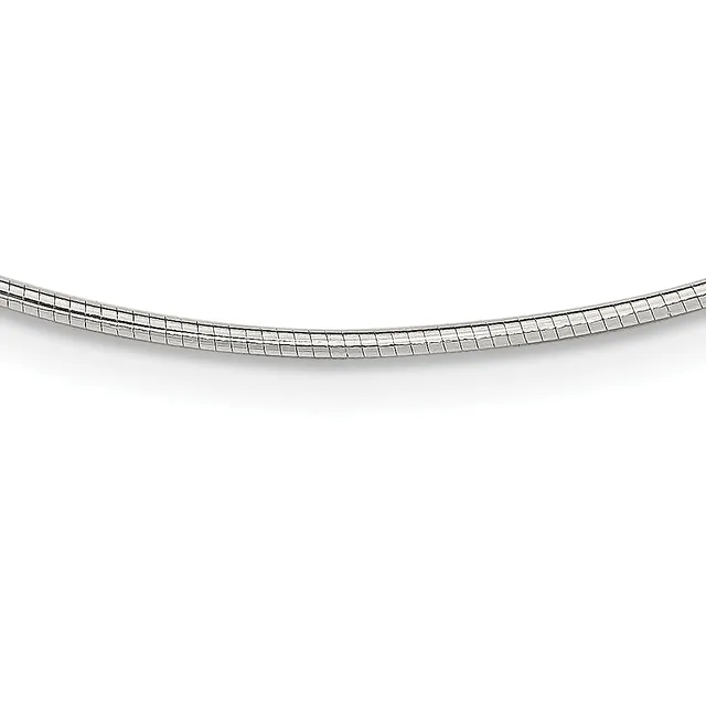 A curved silver chain necklace displayed against a white background with a subtle shadow beneath it.