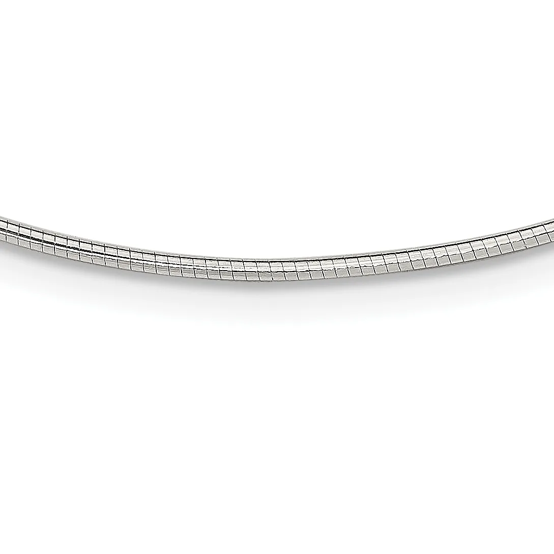 A curved silver chain necklace displayed against a white background with a subtle shadow beneath it.