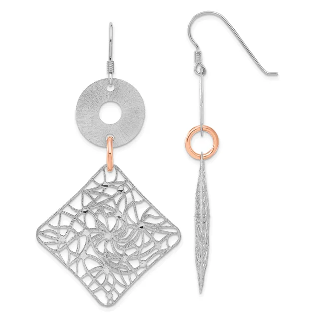 A pair of silver and rose gold earrings with textured circular tops connected to filigree diamond-shaped pendants hanging below.
