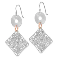 A pair of silver-tone drop earrings with textured circular tops, rose gold accent rings, and diamond-shaped filigree pendants hanging from fish-hook wires.