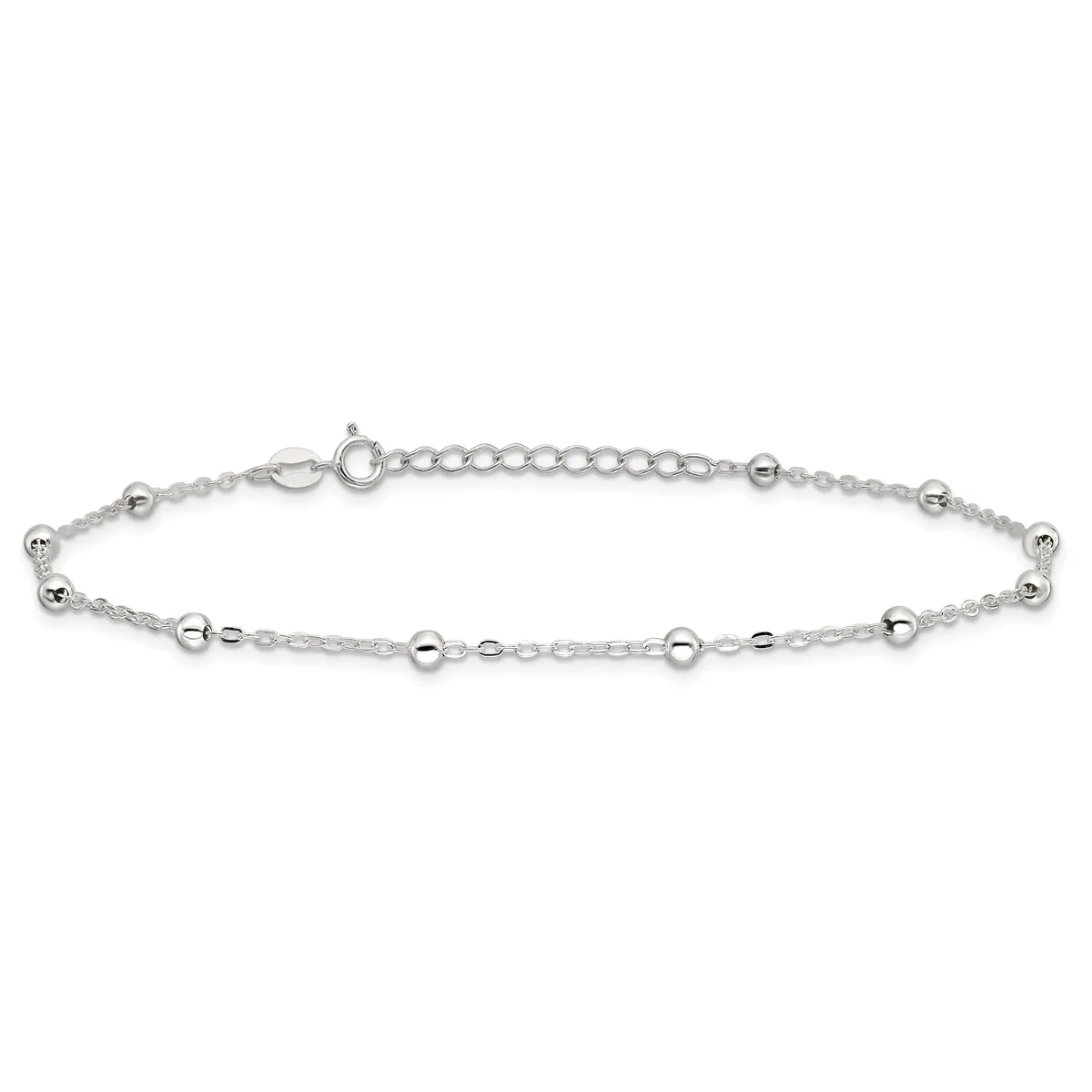 A silver beaded bracelet with small spherical beads spaced along a delicate chain, featuring an adjustable length with a clasp and extension chain.