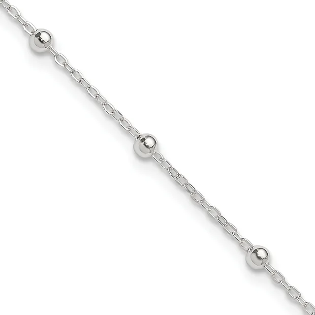 Silver chain bracelet with three evenly spaced polished spheres threaded along its length, displayed diagonally against a white background.