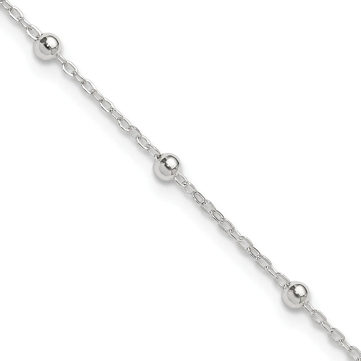 Silver chain bracelet with three evenly spaced polished spheres threaded along its length, displayed diagonally against a white background.